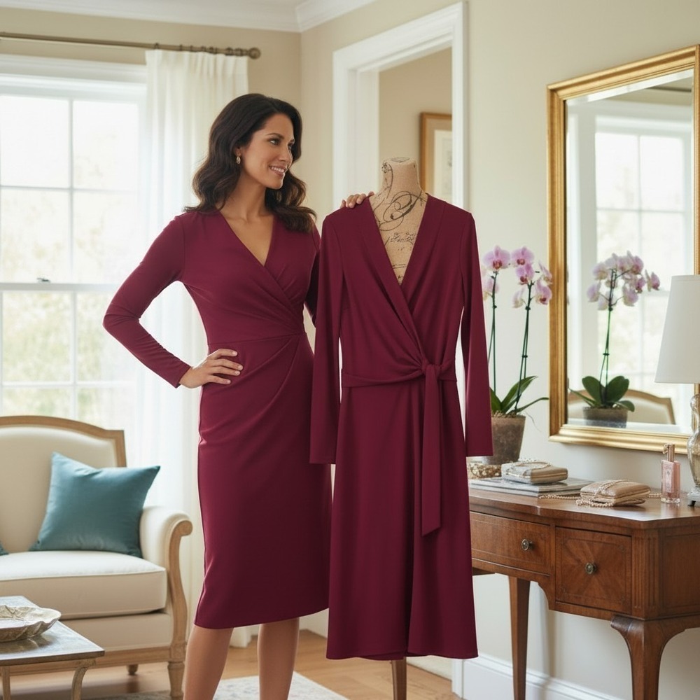 entro Solid Burgundy Modern Long Sleeve Wrap Mini Dress -Size S